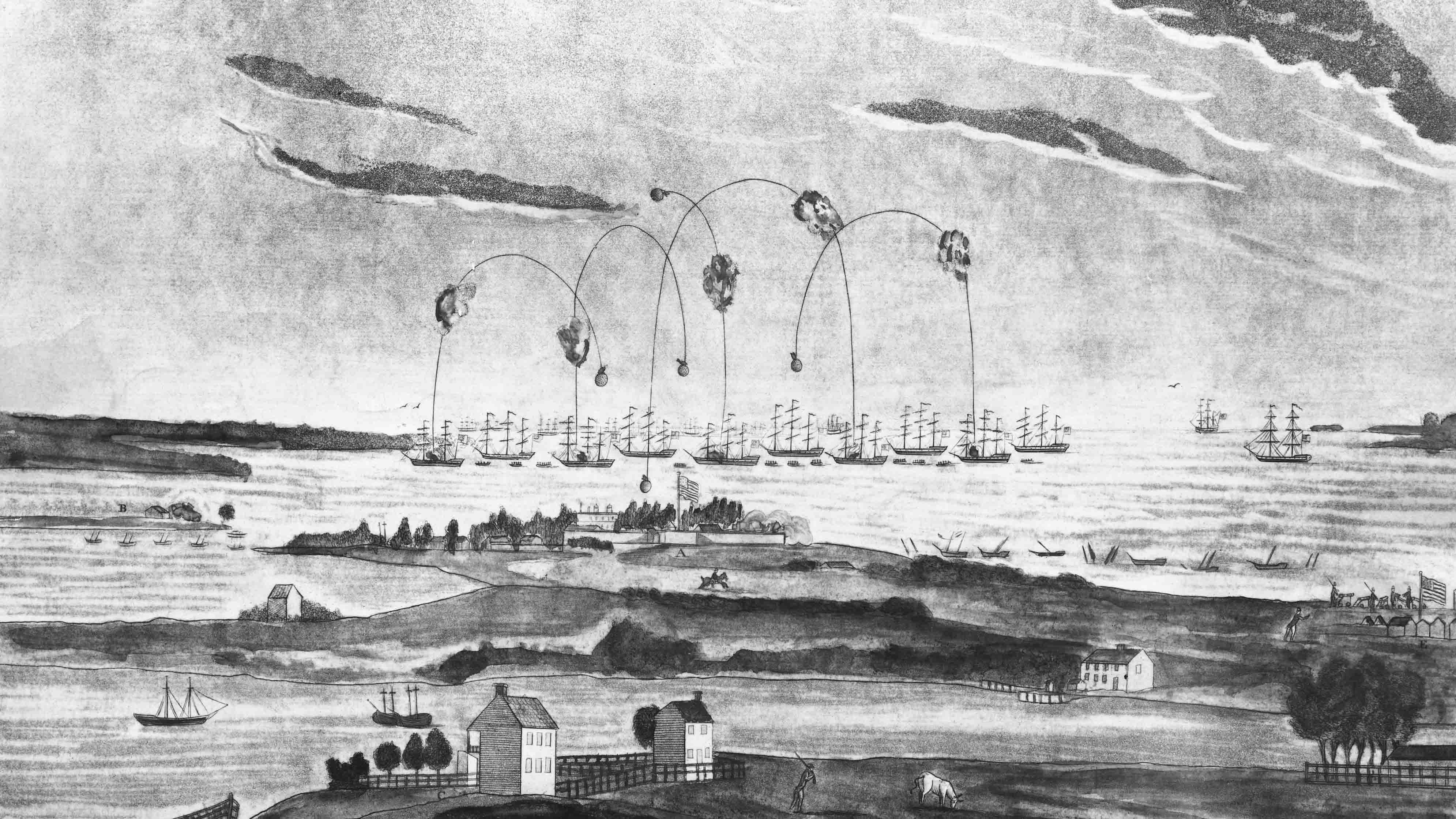 El bombardeo de Fort McHenry por las fuerzas británicas el 13 de septiembre de 1814. La defensa del fuerte inspiró a Francis Scott Key a escribir el poema que se convirtió en el himno nacional estadounidense, The Star-Spangled Banner.