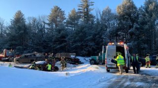 Authorities respond to a multi-car crash that involved dozens of vehicles on Tuesday, Jan. 7, 2020 in Carmel, Maine.