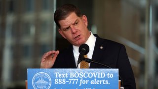 Boston Mayor Marty Walsh holds a coronavirus news conference outside City Hall on Wednesday.