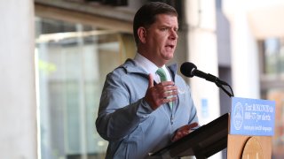 Boston Mayor Marty Walsh gives a coronavirus update outside City Hall