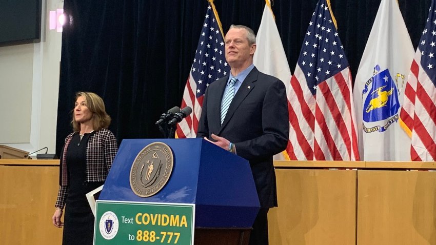 Massachusetts Gov. Charlie Baker speaks at a news conference at the State House on Wednesday, March 25, 2020, after extending school and day care closures.