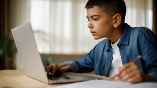 Teenage boy using laptop for homework