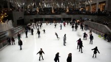 NEW YORK, NY - DECEMBER 22: People skate at the rink at Rockefeller Center on December 22, 2015 in New York City. Despite being only days away from Christmas, New York City and much of the Northeast is experiencing rainy and balmy weather. The forecast for Christmas in New York is for temperatures in the 60's.  (Photo by Spencer Platt/Getty Images)