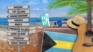 Foto conceptual con nombre de islas de las Bahamas y su bandera.