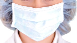 Female doctor wearing surgical cap and mask