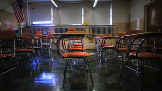 Desks sit in an empty classroom