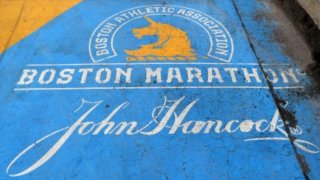 This April 20, 2020, file photo shows a view of the Boston Marathon finish line in Boston, Massachusetts. The race was delayed to the fall before being cancelled due to the coronavirus pandemic.