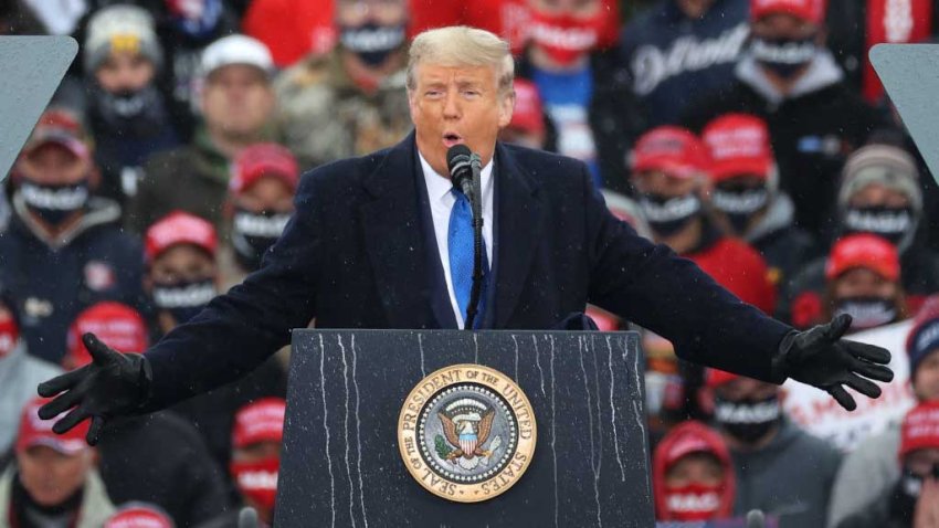 LANSING, MICHIGAN – OCTOBER 27: U.S. President Donald Trump addresses thousands of supporters during a campaign rally at Capital Region International Airport October 27, 2020 in Lansing, Michigan. With one week until Election Day, Trump is campaigning in Michigan, a state he won in 2016 by less than 11,000 votes, the narrowest margin of victory in the state’s presidential election history.  (Photo by Chip Somodevilla/Getty Images)