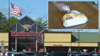 Pizza dough is seen inset in a photo of a Maine Hannaford supermarket, where someone allegedly put razor blades in pizza dough.