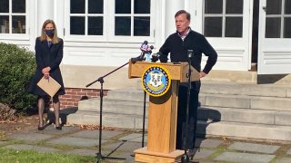 governor Ned Lamont standing outside his residence in Hartford.