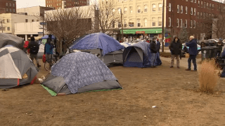 A homeless encampment outside the Hillsborough County Courthouse in Manchester, New Hampshire.
