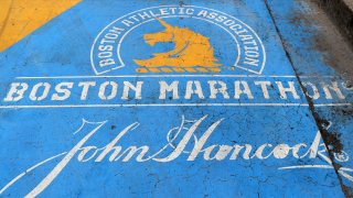 A close-up of the Boston Marathon finish line