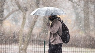 Man with umbrella walking during snowfall