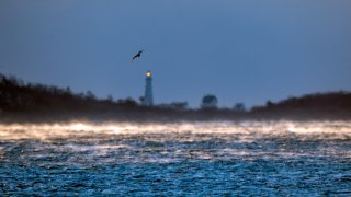 Sea smoke rises over Boston Harbor amid frigid temperatures