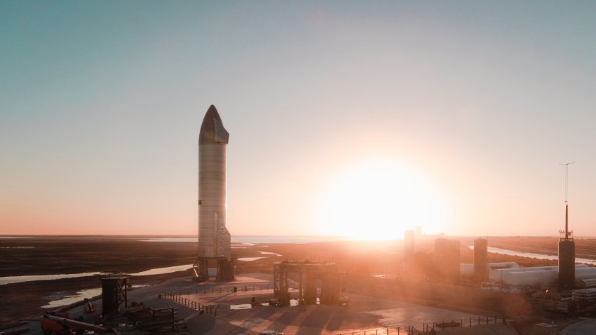 Starship prototype rocket SN9 stands on the company’s launchpad in Boca Chica, Texas.