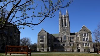 This March 31, 2020, file photo shows the campus of Boston College in Chestnut Hill, Massachusetts.