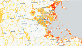 A map showing flood risk at toxic waste sites in Massachusetts