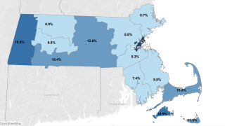 A map showing coronavirus vaccine distribution rates by county in Massachusetts on Feb. 4, 2021