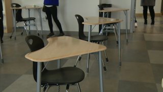 A look at a San Diego Unified School District's classroom following social distancing guidelines.