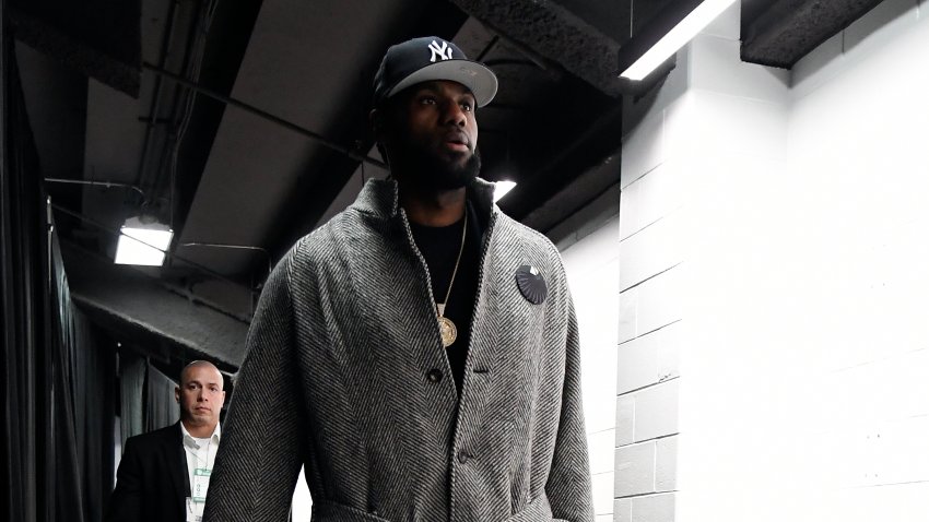 This Jan. 20, 2020, file photo shows LeBron James of the Los Angeles Lakers arrive at TD Garden in Boston before a game against the Boston Celtics.