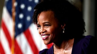 Kim Janey after being sworn in as mayor of Boston at City Hall
