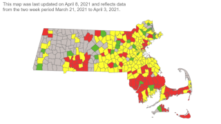 A map showing how high the coronavirus transmission risk level is in Massachusetts as of April 8, 2021.
