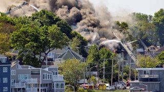 A fire burns in Revere, Massachusetts