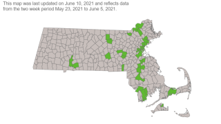 A map showing COVID transmission risk levels in Massachusetts cities and towns on Thursday, June 10, 2021.