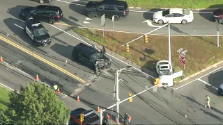An aerial image of a crash in Wilmington, Massachusetts, that left a car and an SUV wrecked
