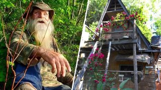 David Lidstone, left, has lived off-the-grid in the woods along the Merrimack River in New Hampshire for almost three decades in a small cabin, right. Lidstone, known as "River Dave" by local boaters and kayakers, was jailed on July 15 after he was accused of squatting on private land.