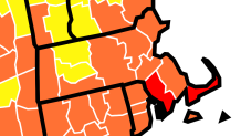 A map showing community transmission rates of COVID-19 in Massachusetts