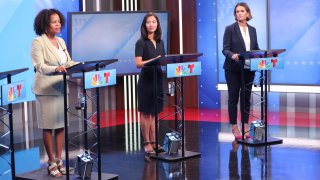 From left: Boston Mayor Kim Janey, City Councilor Michelle Wu and City Councilor Annissa Essaibi George at the first televised mayoral debate ahead of Boston's preliminary election.