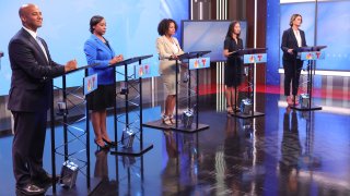 The five candidates running to be mayor of Boston at a debate hosted by NBC10 Boston on Wednesday, Sept. 8, 2021. From left: John Barros, Andrea Campbell, Kim Janey, Michelle Wu and Annissa Essaibi George.