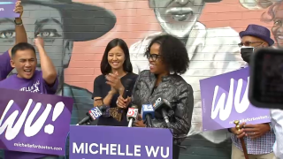 Boston Mayor Kim Janey endorses Michelle Wu in the election to replace her during an event in Roxbury on Saturday, Sept. 25, 2021.