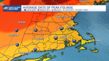 A map showing average peak foliage color change dates in Massachusetts, Rhode Island and Connecticut
