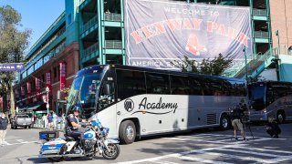 The Boston Red Sox depart Fenway Park in Boston en route to Houston for the start of the 2021 ALCS against the Astros.