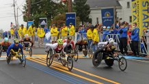 Hopkinton - October 11: Women's wheelchair start at the start of the 125th Boston Marathon in Hopkinton, MA on Oct. 11, 2021. (Photo by David L. Ryan/The Boston Globe via Getty Images)