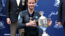 BOSTON, MASSACHUSETTS - OCTOBER 11: Marcel Hug of Switzerland poses after winning the men's wheelchair race during the 125th Boston Marathon on October 11, 2021 in Boston, Massachusetts. (Photo by Maddie Meyer/Getty Images)