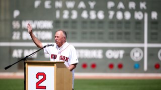 Longtime NESN broadcaster and former Boston Red Sox second baseball Jerry Remy talks during a ceremony honoring his 30 years in the broadcast booth before a game against the New York Yankees at Fenway Park in Boston on Aug. 20, 2017.