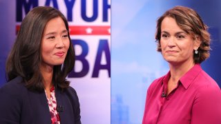 Michelle Wu and Annissa Essaibi George at the Boston mayoral debate on Tuesday, Oct. 19, 2021.