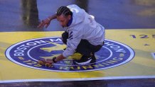 Finishing touches applied to the finish line for the 125th edition of the Boston Marathon.