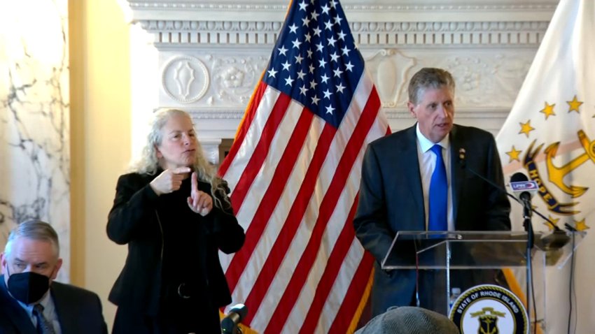 Rhode Island Gov. Dan McKee speaks at a COVID briefing