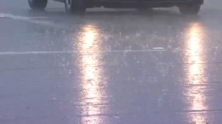 An image of a wet road illuminated by a vehicle's headlights in San Diego.