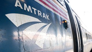 The Amtrak logo seen on a train