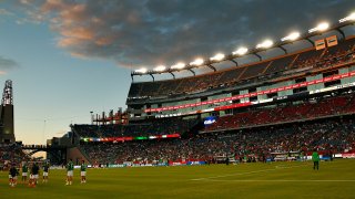 This June 6, 2014, file photo shows the Mexican national team warming up before the international friendly match against Portugal at Gillette Stadium in Foxboro, Massachusetts.