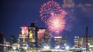 Fireworks over Boston at Boston Harborfest on Saturday, July 2, 2022.