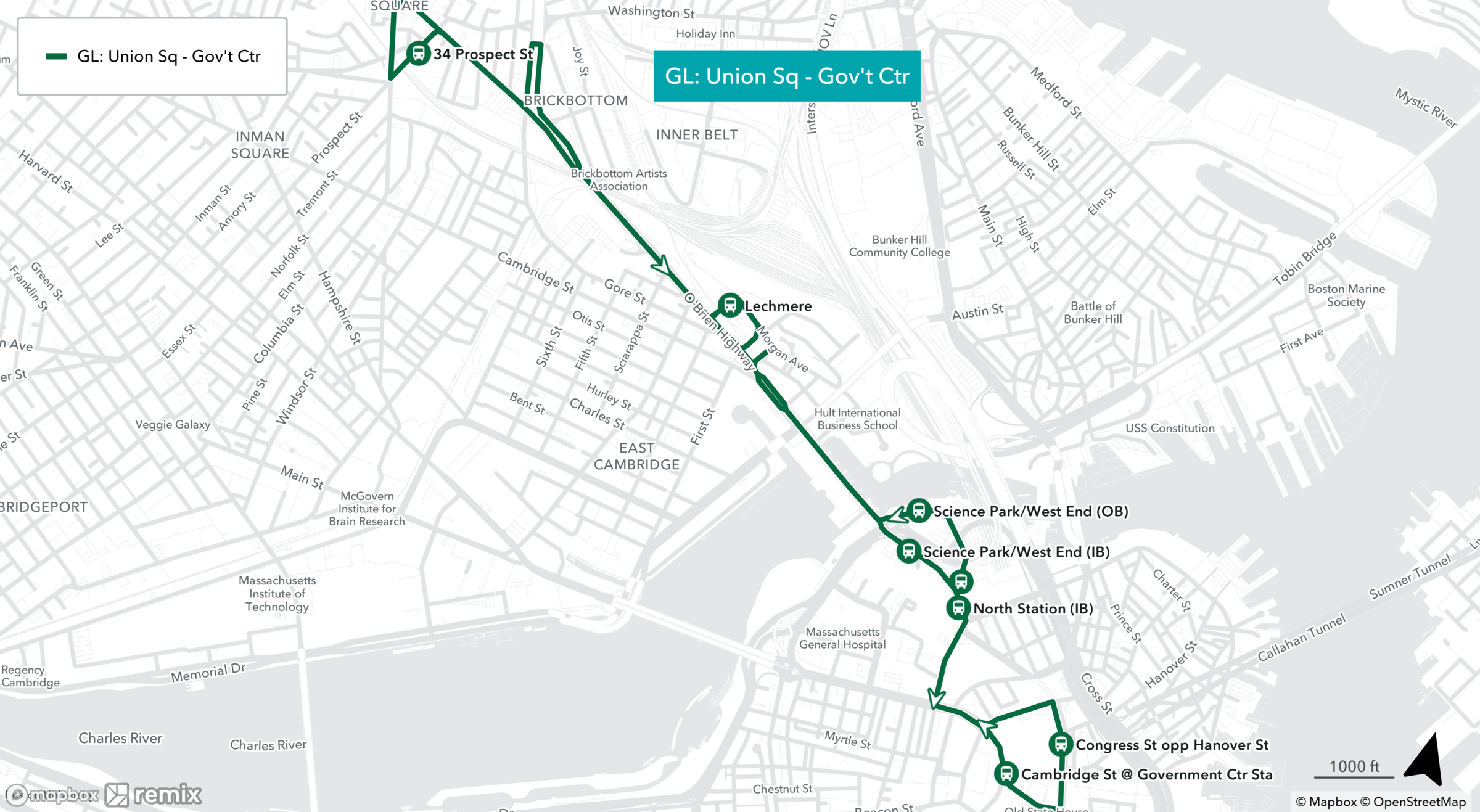 A map showing the Green Line shuttle route from Boston's Government Center north during the line's partial shutdown Aug. 22-Sept. 18..