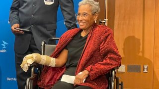 Boston education leader and civil rights activist Jean McGuire at a news conference Tuesday, Oct. 18, 2022, during her recovery from being stabbed in Franklin Park.