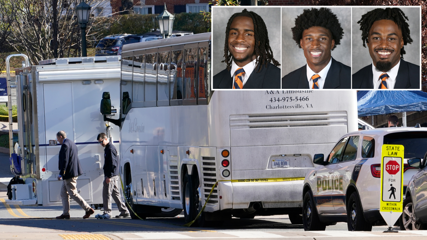 Police investigators work around a bus which is believed to be the site of an overnight shooting on the grounds of the University of Virginia Monday, Nov. 14, 2022, in Charlottesville. Va. Authorities say three people have been killed and two others were wounded in a shooting at the University of Virginia and a student suspect is in custody.