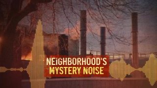 A photo-illustration of sound waves in front of a Peabody, Massachusetts, factory with the words "Neighborhood's mystery noise" overlaid on top.
